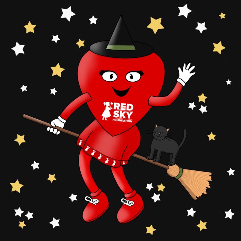 Illustration of Red Sky Foundation mascot Miss Beats for Halloween